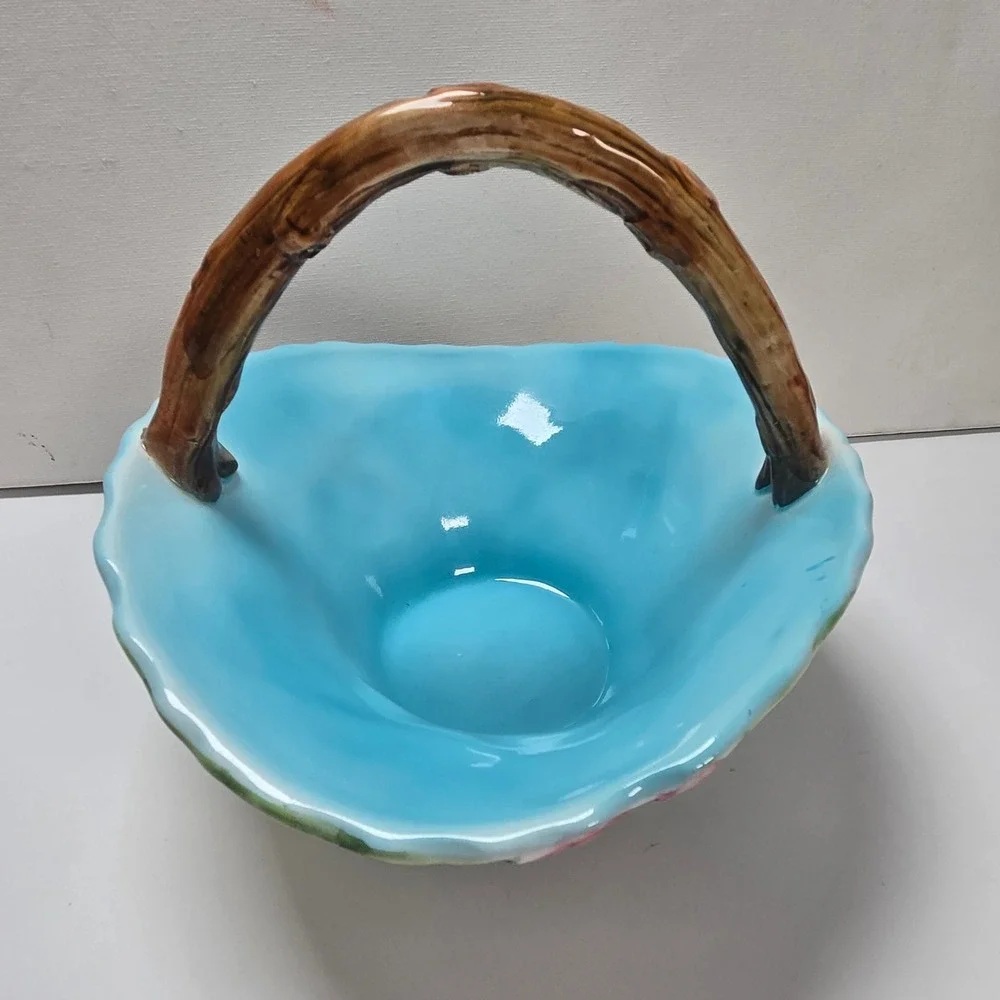 Majolica Iris Basket Made in Italy Ceramic Basket Floral Iris Branch Vintage VTG